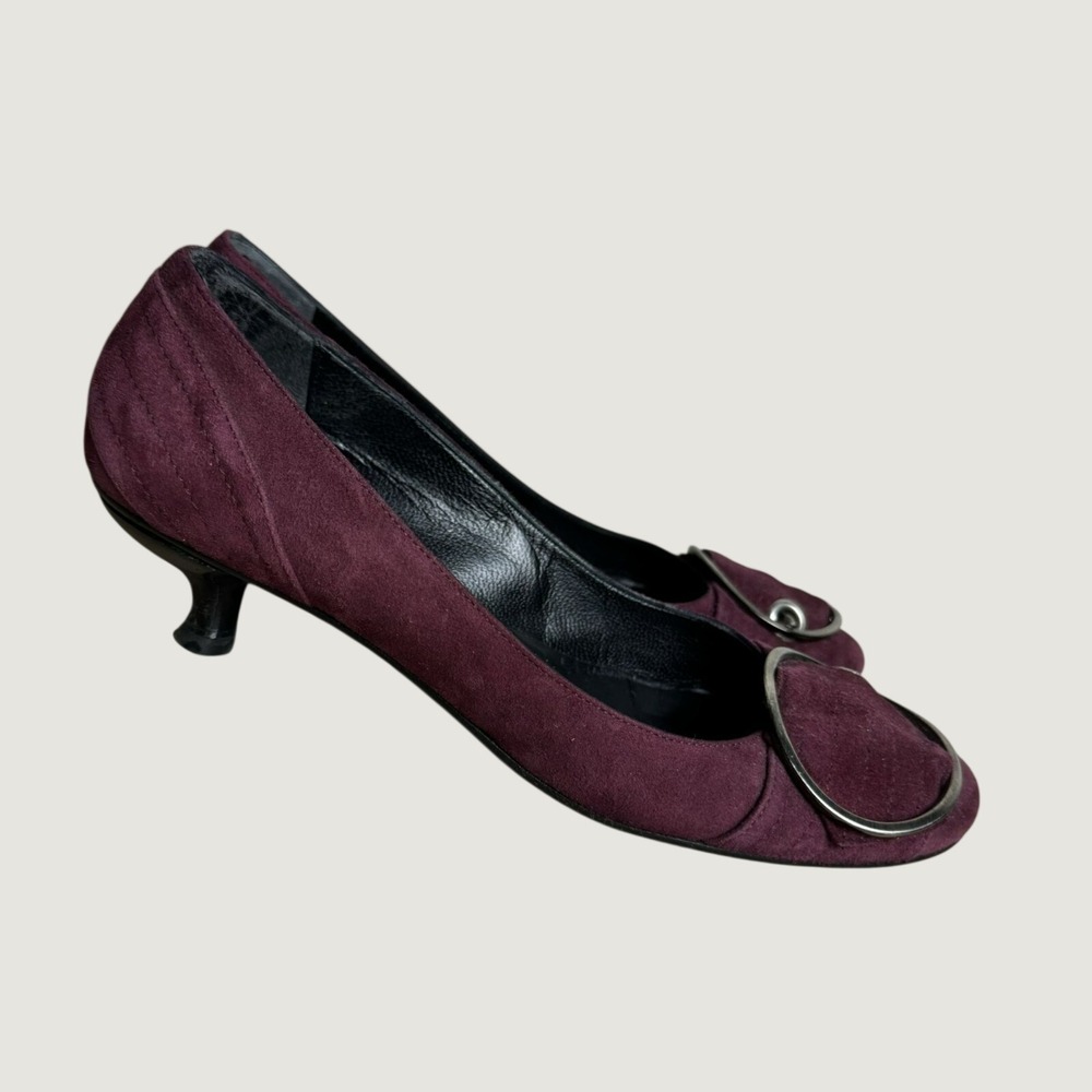 Melin Kitten Heels‎ 37 6.5 Plum Purple Suede Buckle Detail Italy y2K Pumps